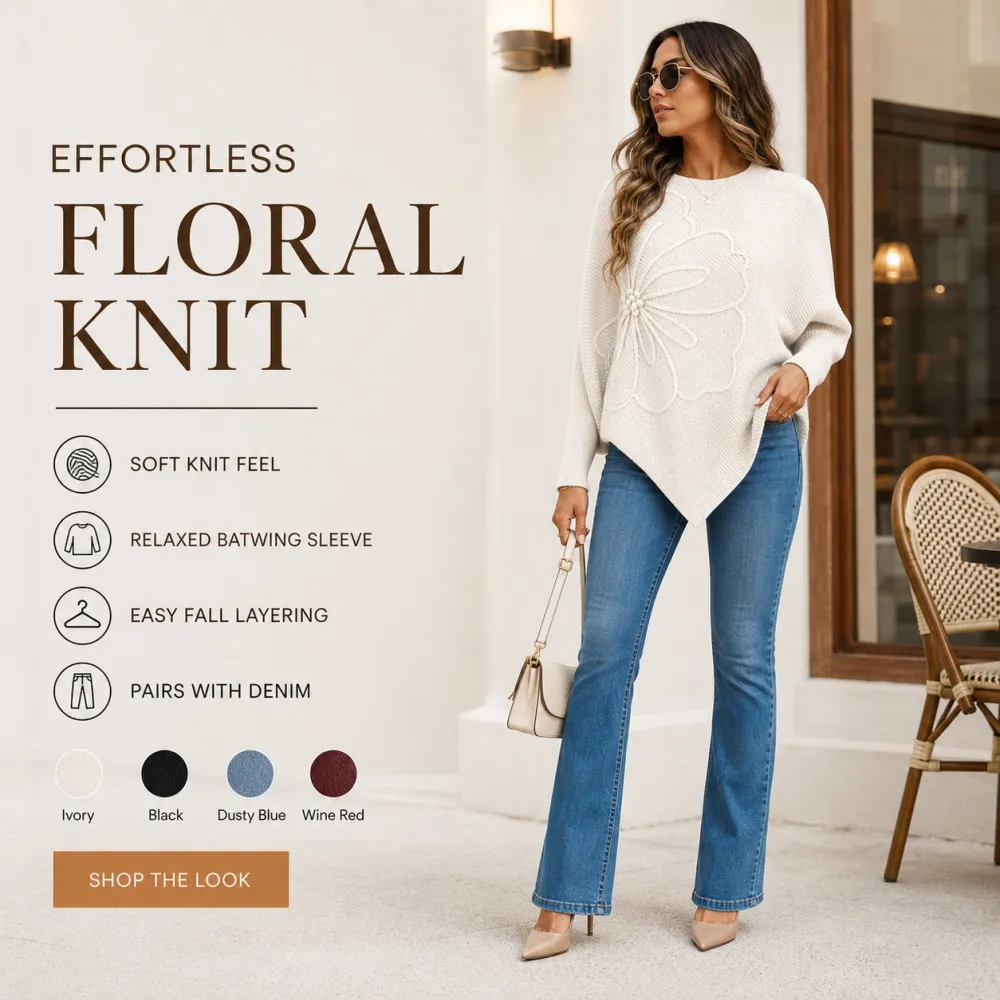 Women's Floral Batwing Sleeve Asymmetrical Sweater