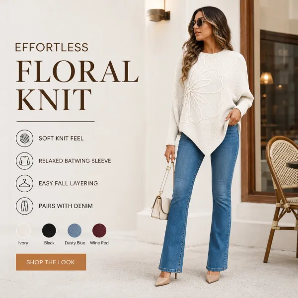 Women's Floral Batwing Sleeve Asymmetrical Sweater