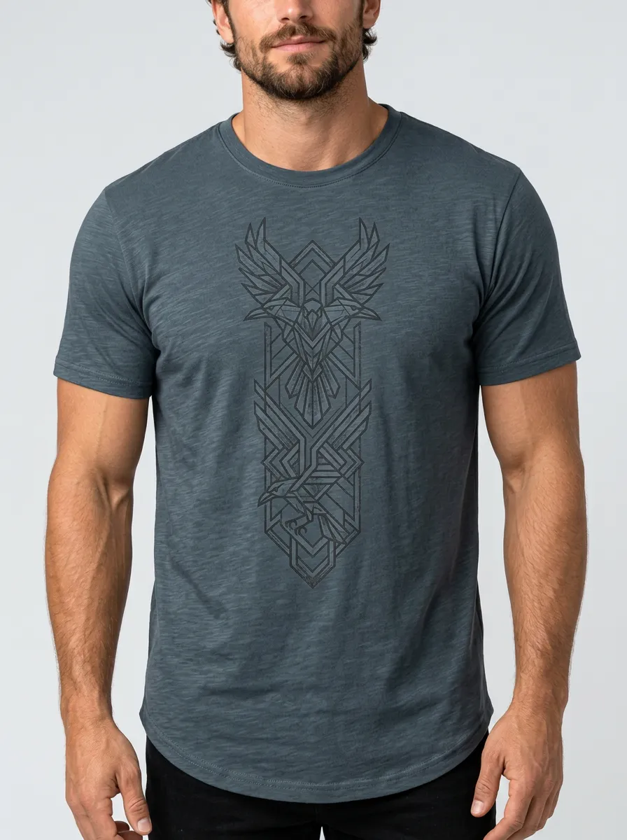 Men's Charcoal Raven Crew-Neck Short-Sleeve Chest-Sleeve Relaxed Geometric T-Shirt