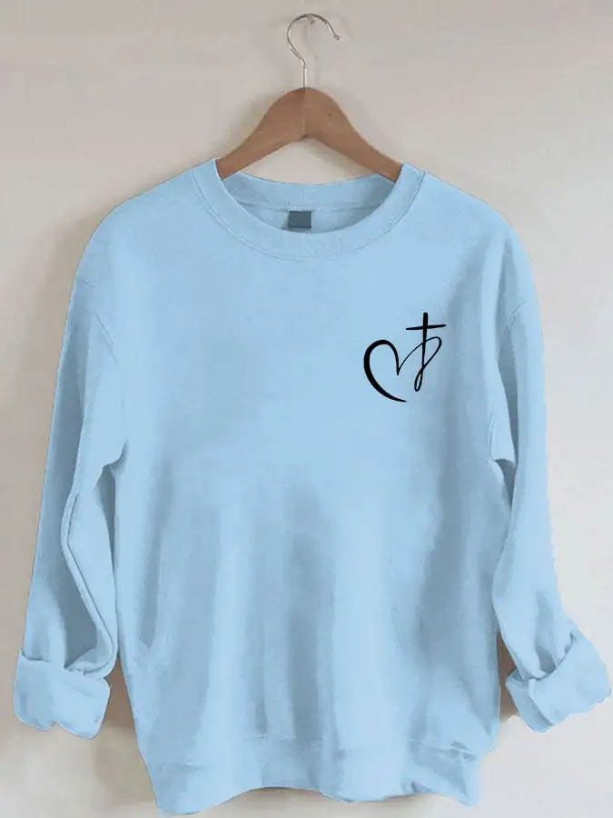 Women's Heart Cross Christian Jesus Has My Back Print Sweatshirt