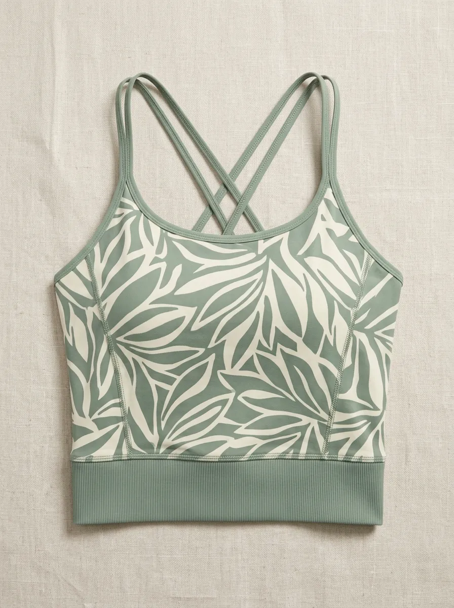 Women's Yoga Fitness Sage Green Leaf Printed Sports Crop Top
