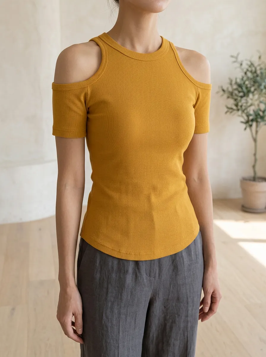Women's Mustard Yellow Ribbed Cold Shoulder Short Sleeve Top