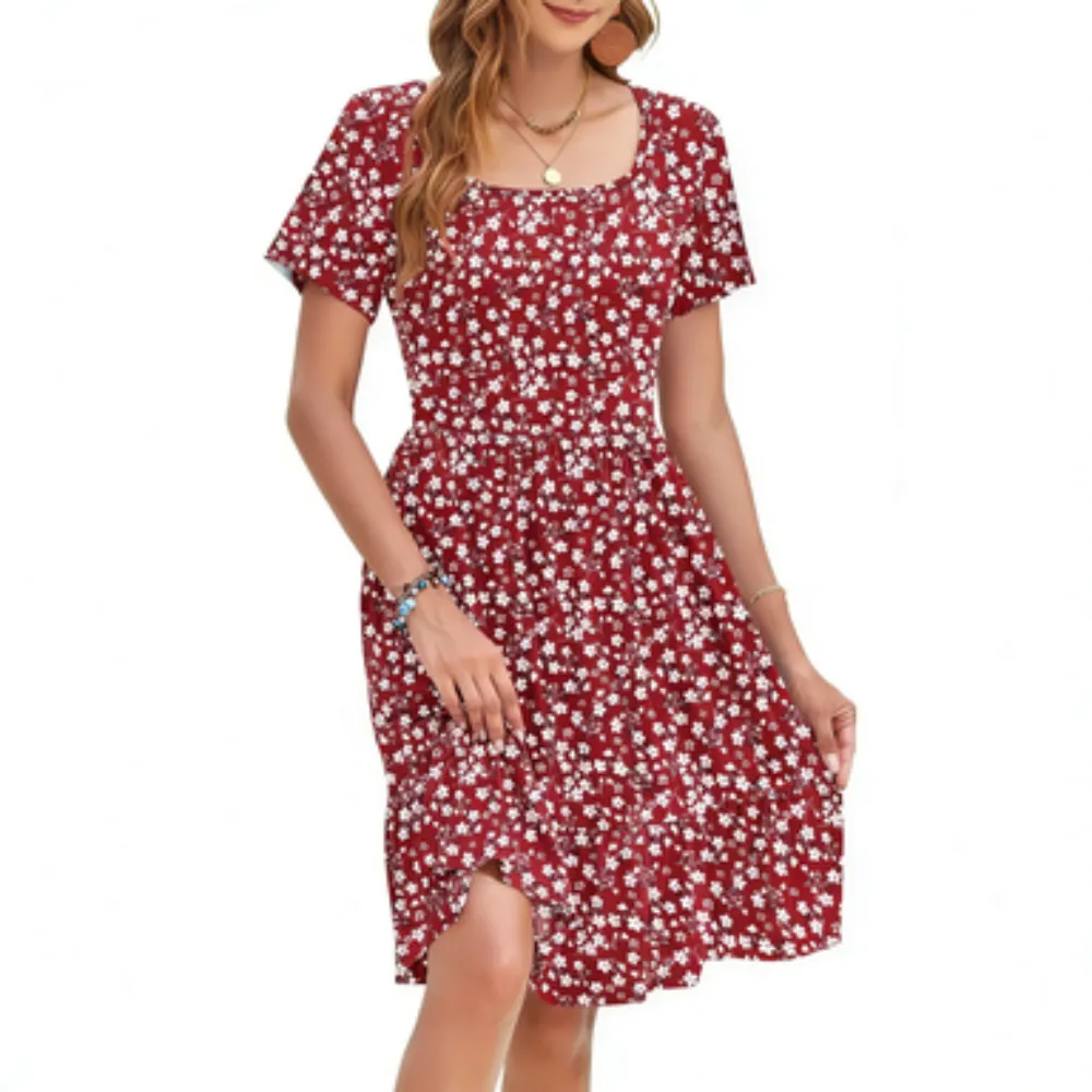 Women Square Neck Ditsy Floral Dress, Ruffle Empire Waist A-Line Sundress With Pockets