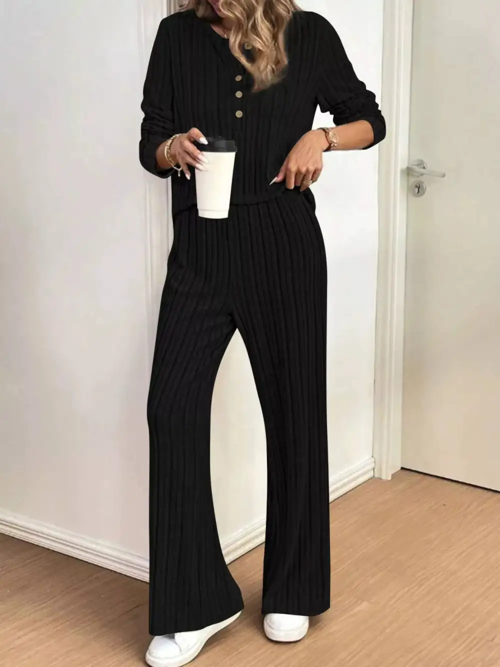 Plus Size Ribbed Knit Button Front Top and Pants Set