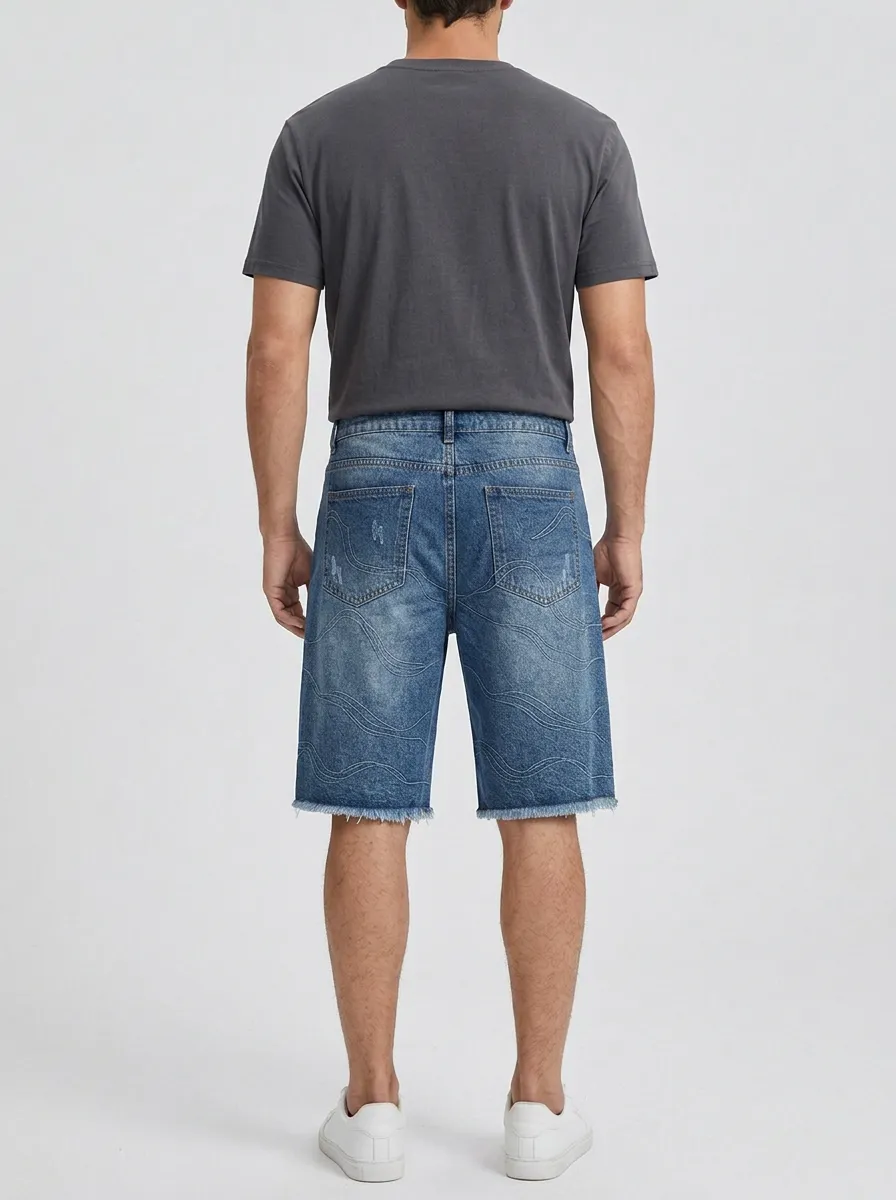 Men's Raw Hem Street Inspired Line Graphic Distressed Denim Shorts
