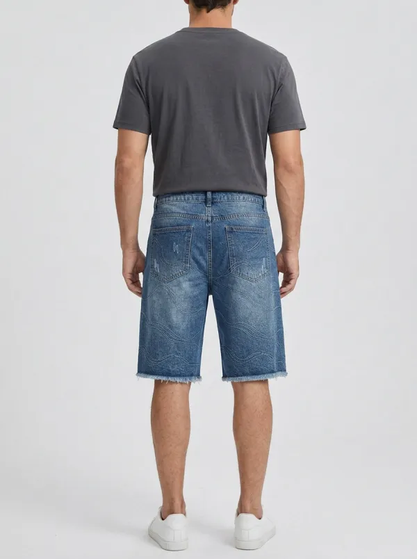 Men's Raw Hem Street Inspired Line Graphic Distressed Denim Shorts