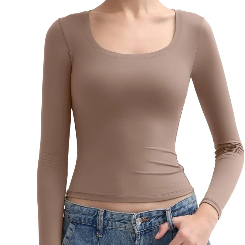Women‘s Scoop Neck Long Sleeve Top Double Layer Slimfit Fall Outfits