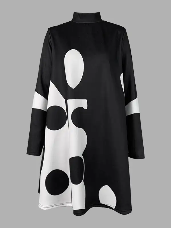 A Line Long Sleeve Polka Dot Split Joint Mock Neck Mini