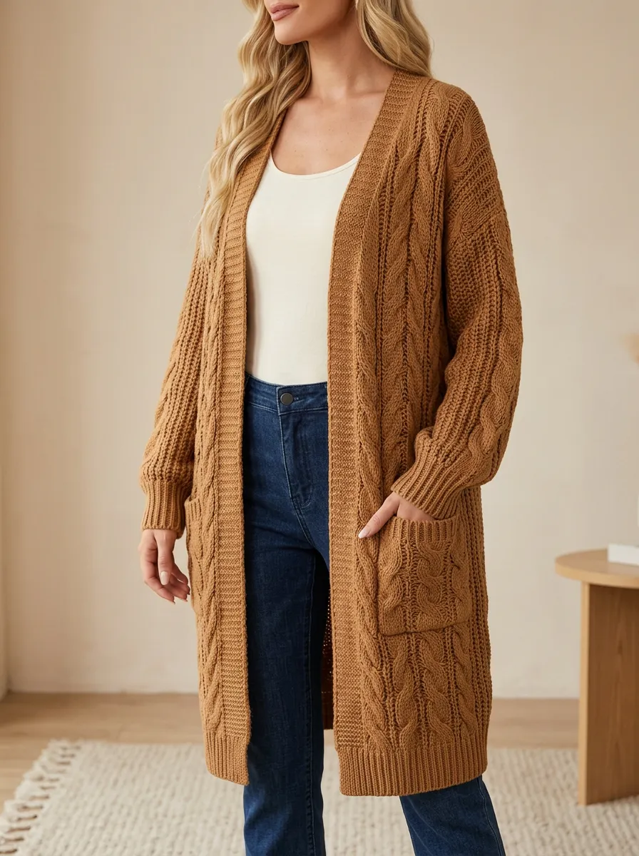 Women's Fall Cable Knit Open-Front Vertical Cable Knit Detailing Throughout Long Cardigan