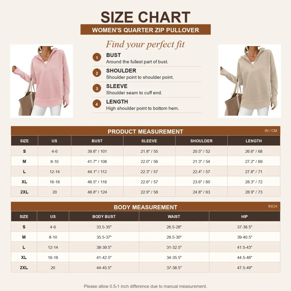 Women's Long Sleeve Quarter Zip Pullover Sweater Soft Warm Knit Tops