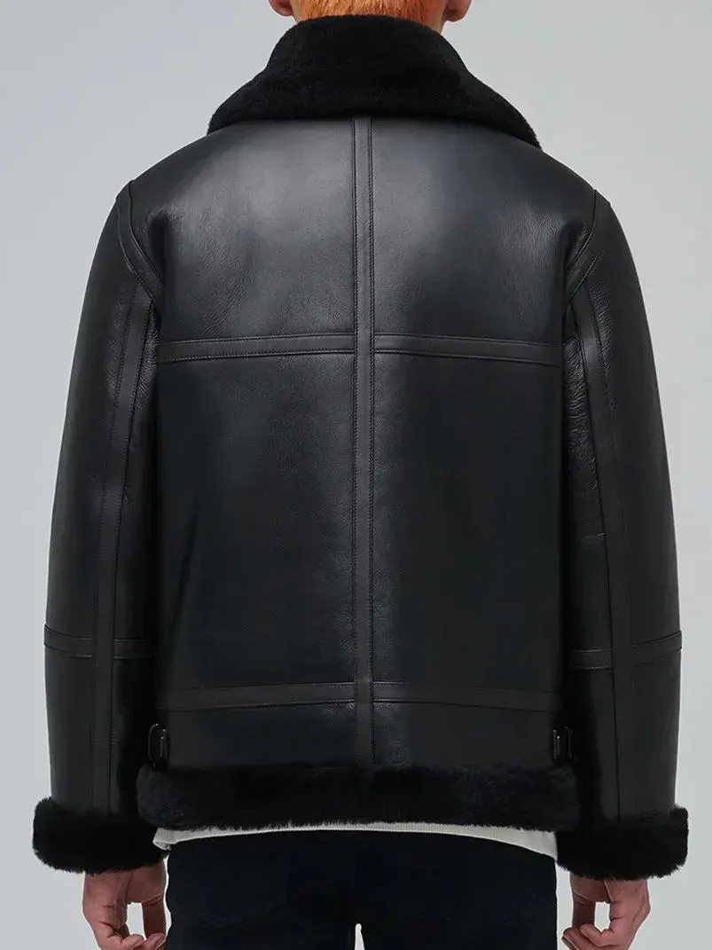 Faux Fur Lined Aviator Leather Jacket
