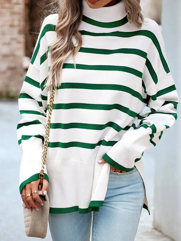 Striped Split Hem High Neck Long Sleeve Relaxed Fit Pullover Sweater