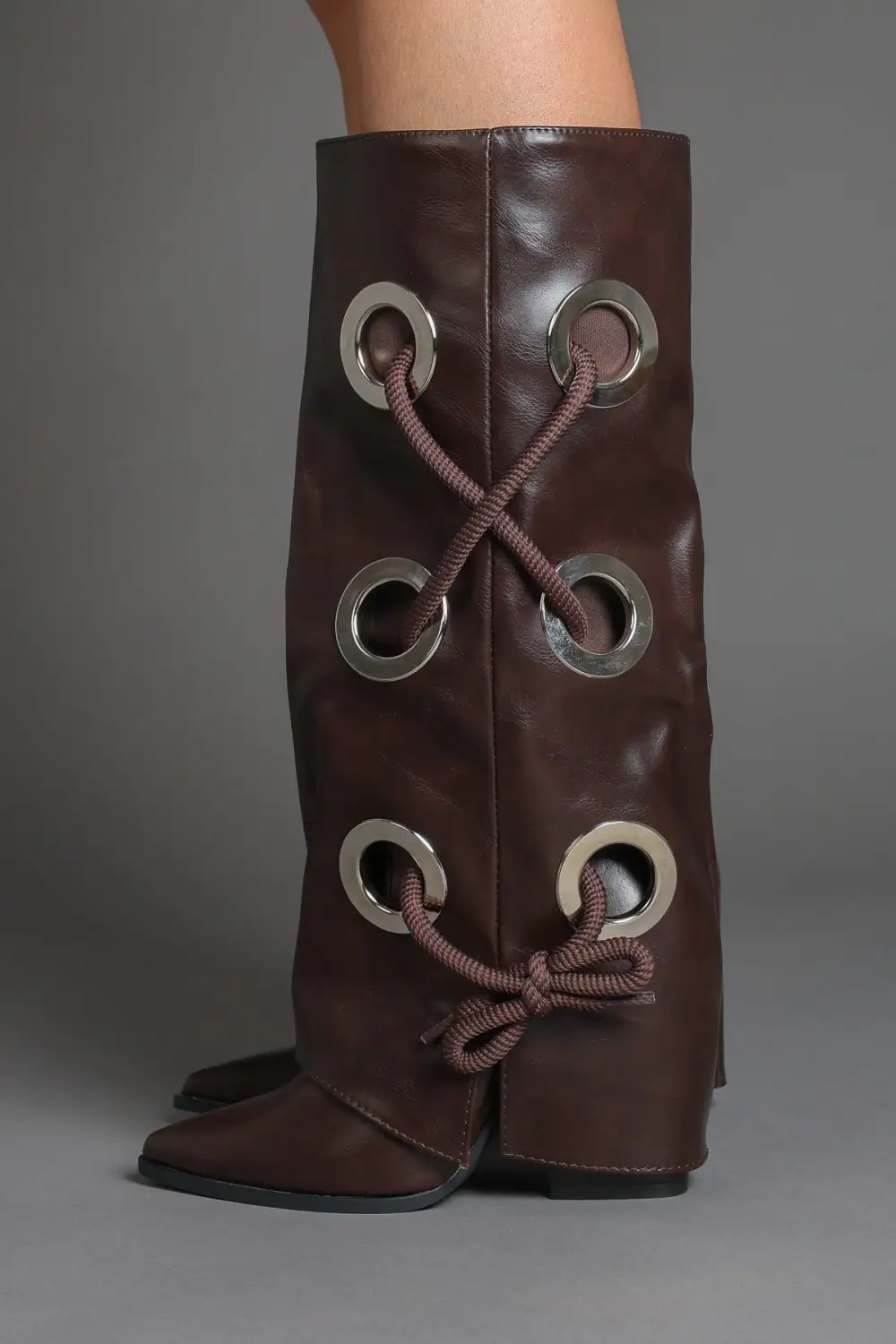 Fold-Over Lace Detail Pointed Toe Faux Leather Knee High Boots