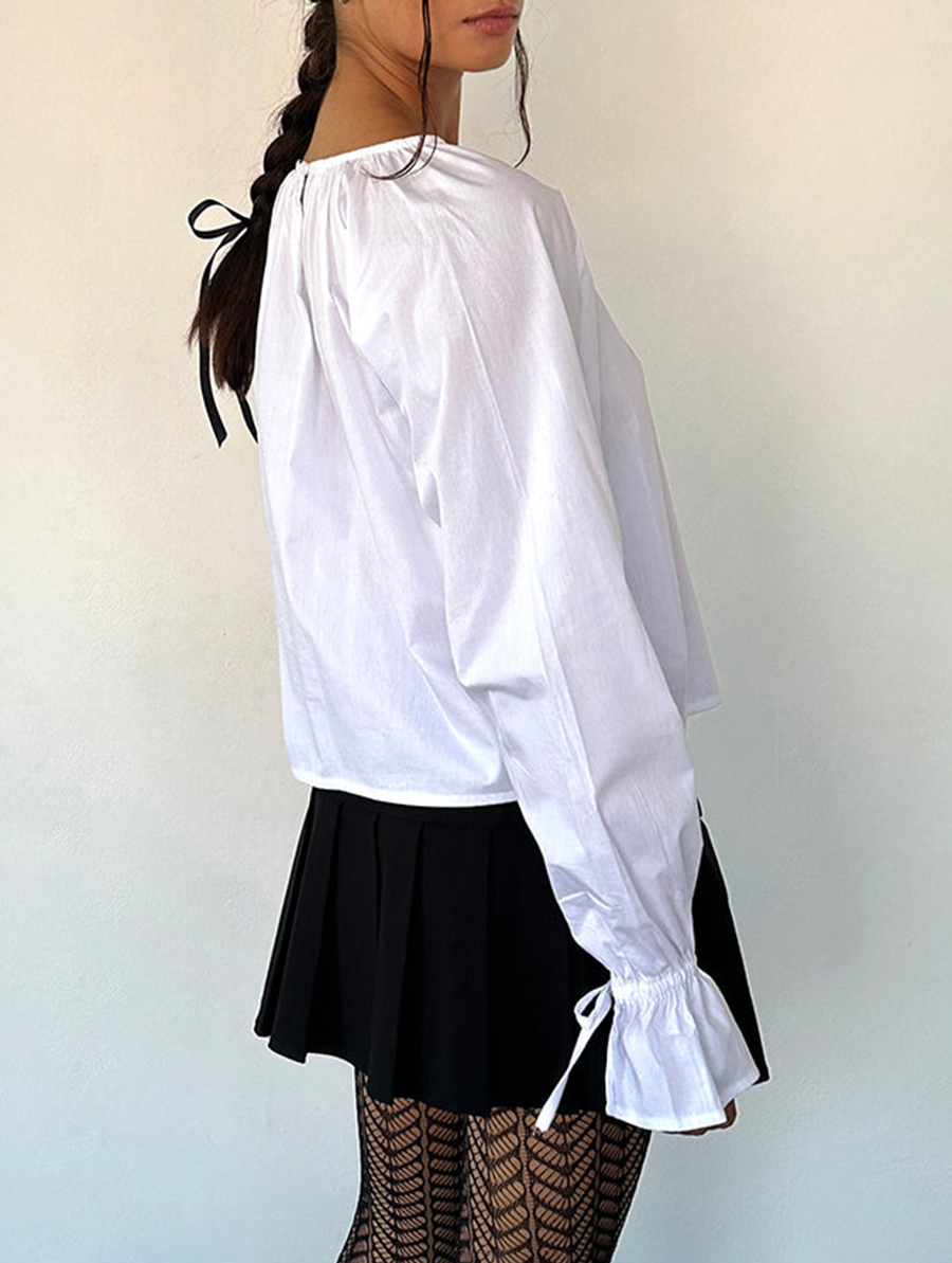 Tie Sleeve Blouse In White Poplin