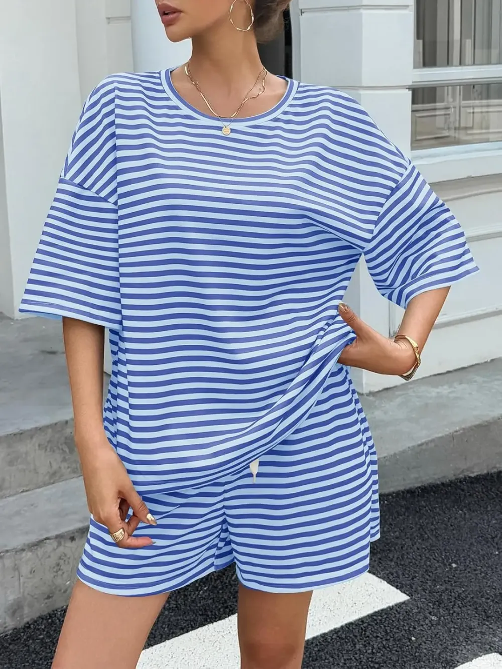 Women's Striped 2 Piece Short Lounge Set