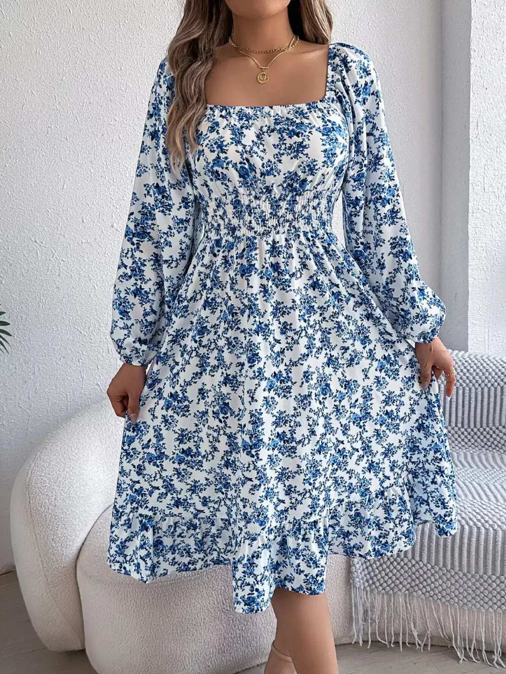 Floral Printed Square Neck Midi Dress
