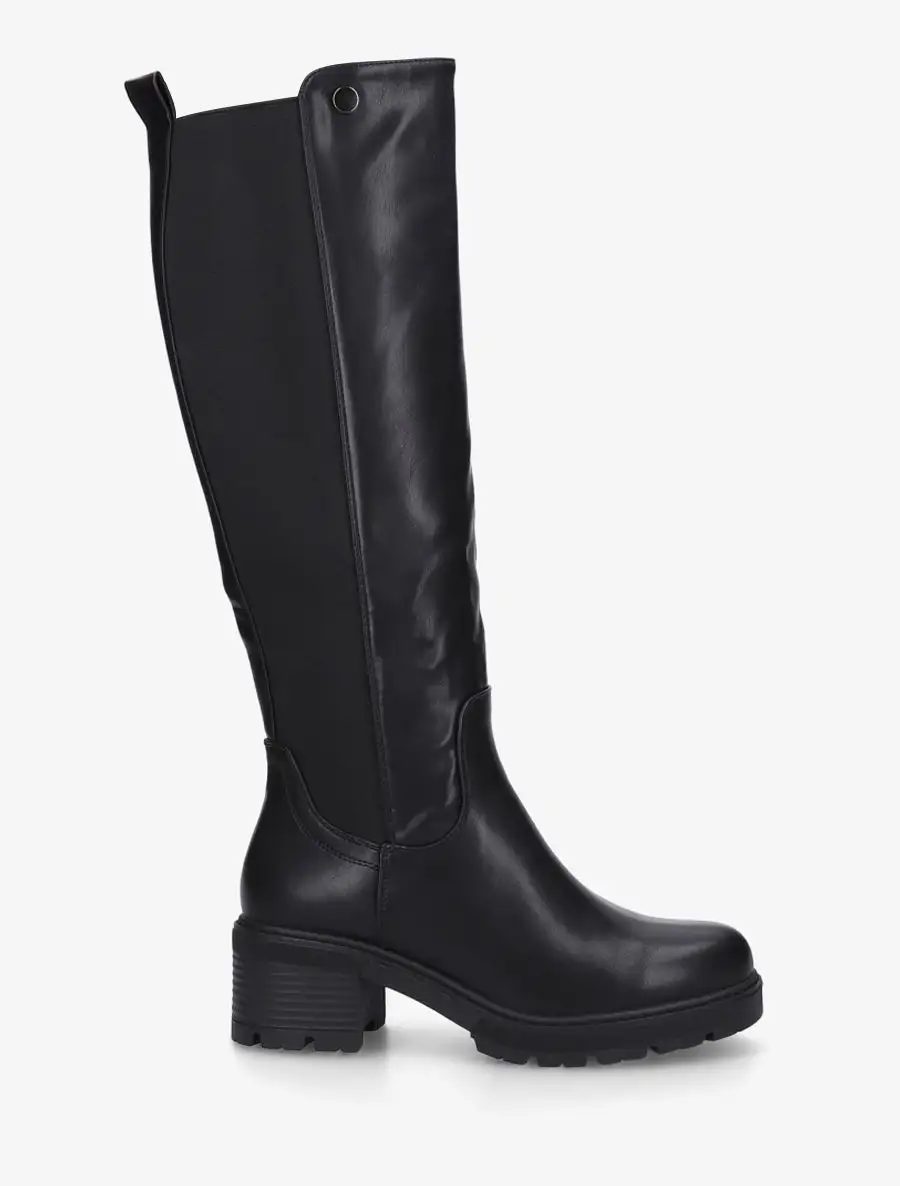 Soft Finish Stretch Panel Block Heel Faux Leather Knee High Boots