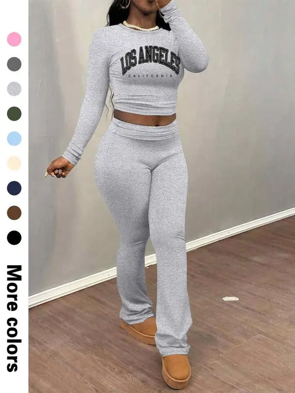 Women's Letter Print Long Sleeve Crop Tee & Plain Flare Leg Pants Two-Piece Set, Casual Fashion Cozy Round Neck Top & Bell Bottom Trousers for Daily Outdoor Wear, Women's Clothing for Fall & Winter