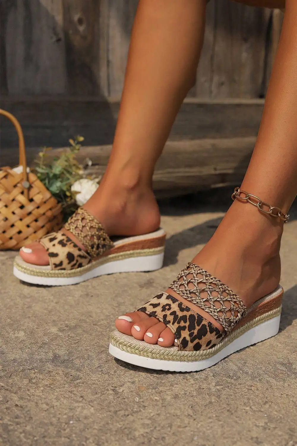 Leopard Print Braided Details Wedge Slide Slippers
