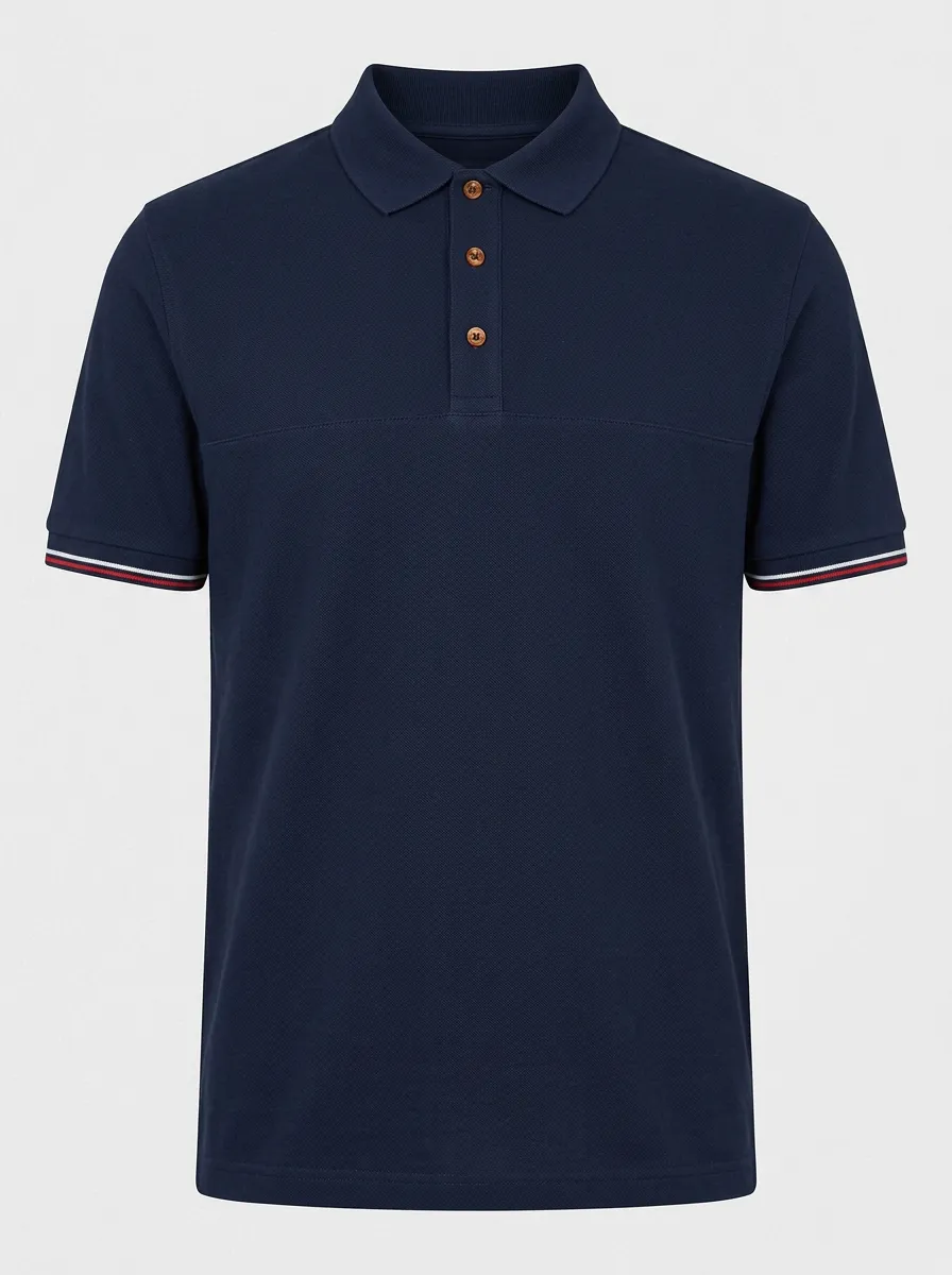 Men's Navy Blue Contrast-Trim Buttoned Polo Shirt