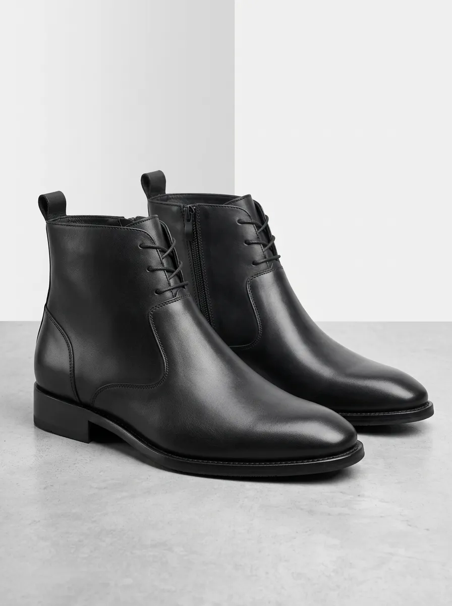 Black Leather Look Ankle Work Boots for Casual Outfits