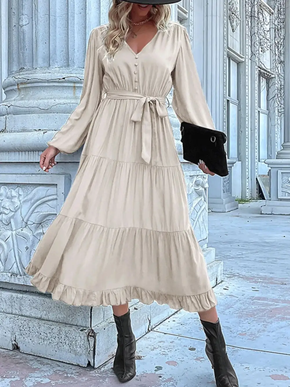 Smooth Finish V Neck Ruffle Dress