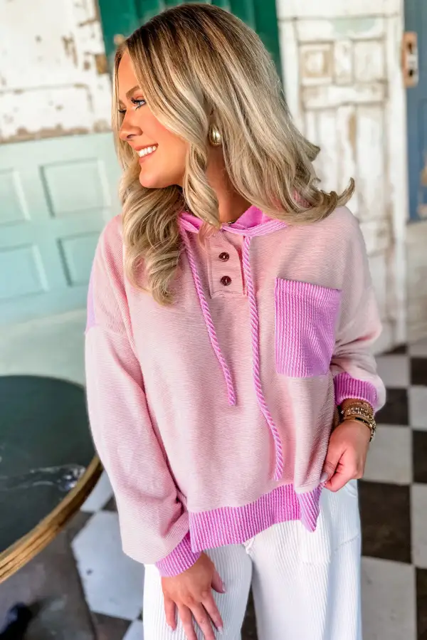 Corded Color Block Patch Pocket Drawstring Hoodie