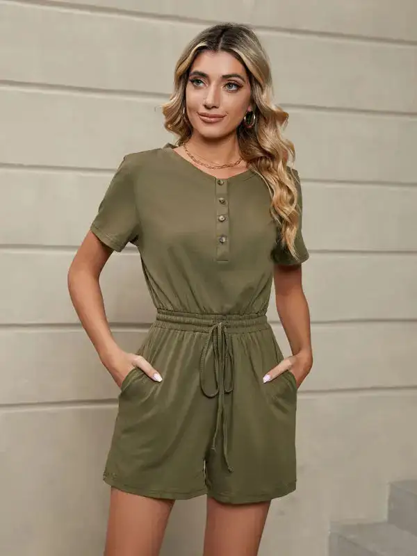 Knit Loose Short Sleeve Button Tie Shorts