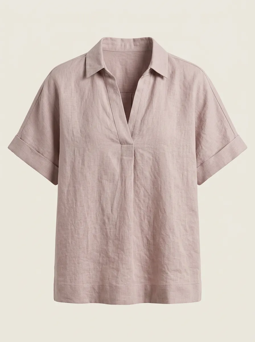 Women's Casual Dusty Pink Linen Blend V-Neck Short Sleeve Shirt