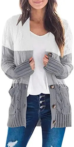 Women's Long Sleeve Cable Knit Sweater Open Front Cardigan Button Loose Outerwear