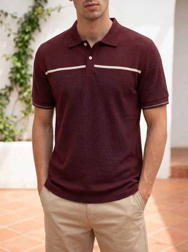 Men's Knit Ribbed Textured Horizontal-Stripe Colorblock Contrast-Trim Polo Shirt