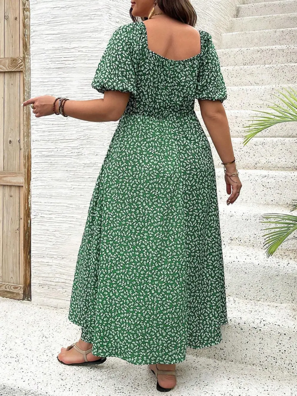 Women’s Ditsy Floral Puff Sleeve Split Dress Tie Front Summer Dress