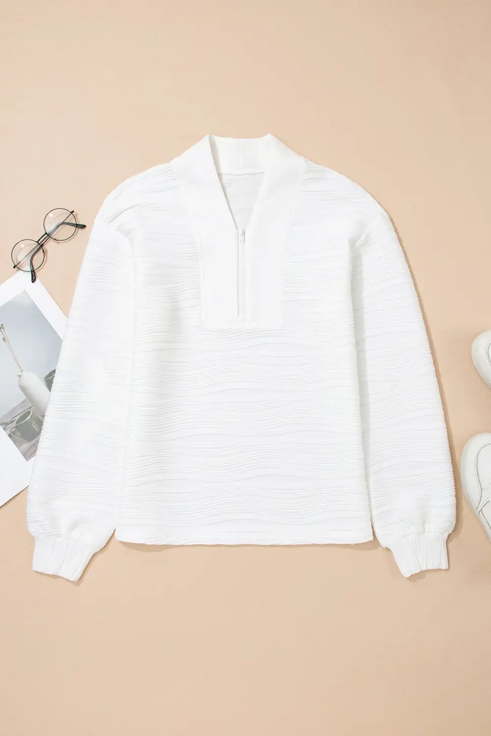 Everyday Textured Zip Detail Zip Pullover Sweatshirt