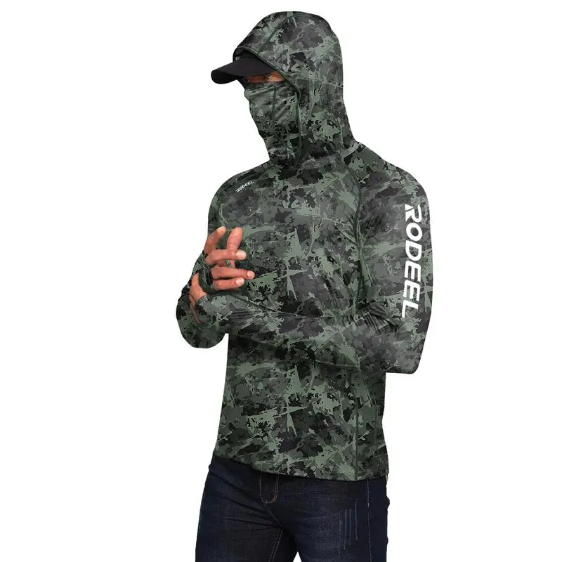 Sun Hoodie Shirt w/ UV Detection Mask Neck Gaiter Thumbhole Men UPF 100+ Sun Protection Raglan Long Sleeve Lightweight Quick Dry Moisture Wicking Breathable Cooling Athletic Activewear for Outdoor Hiking Fishing Construction Roofing Landscaping