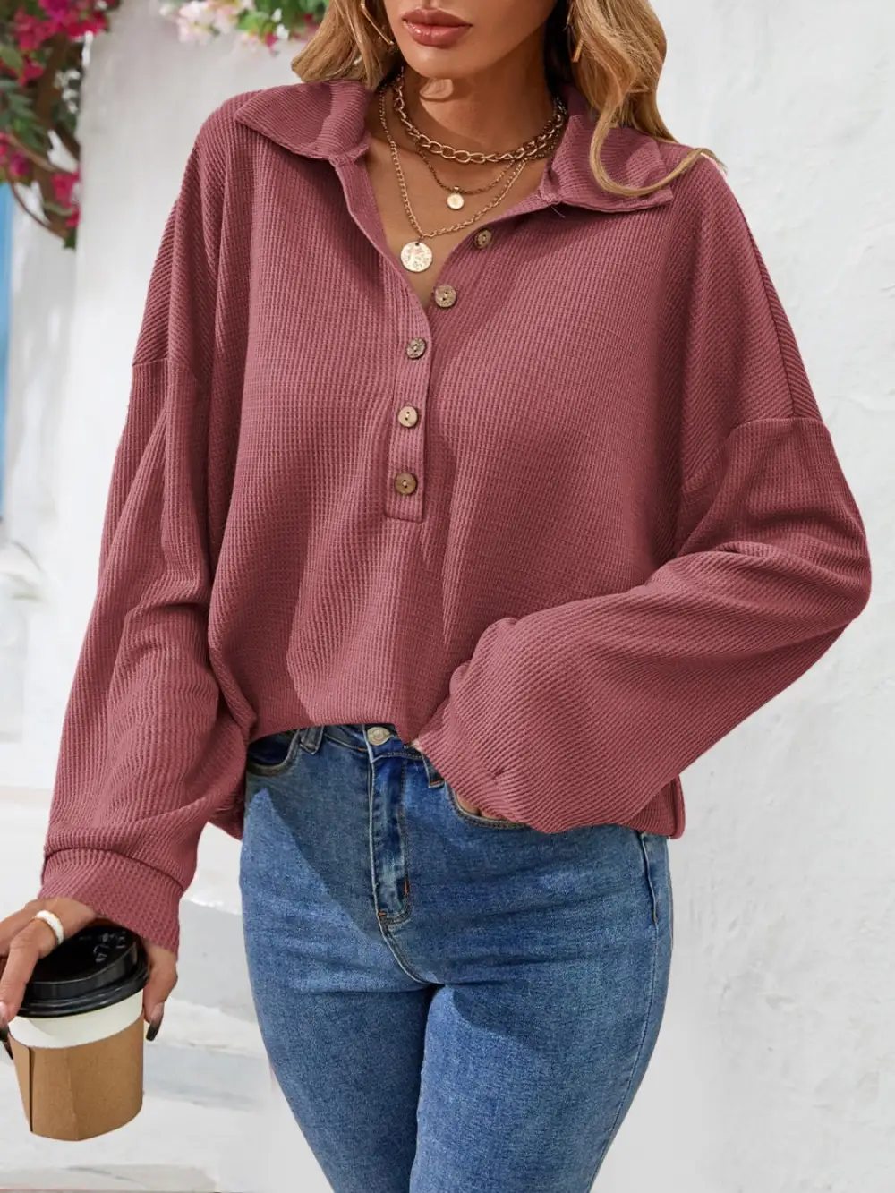 Modern Button Front V-Neck Blouse