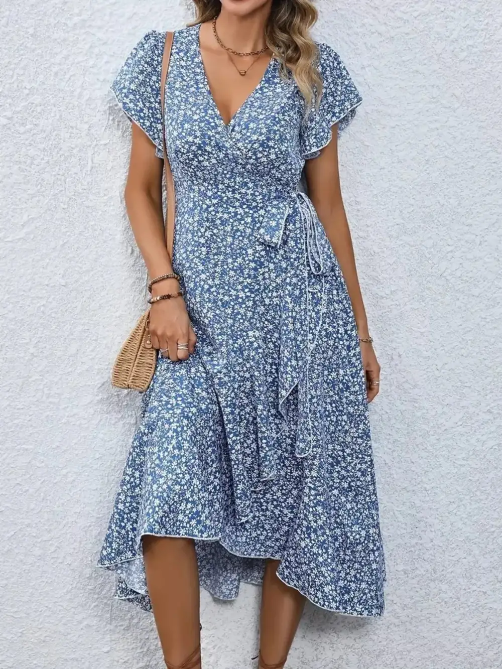 Print Ruffle Hem Wrap Midi Dress