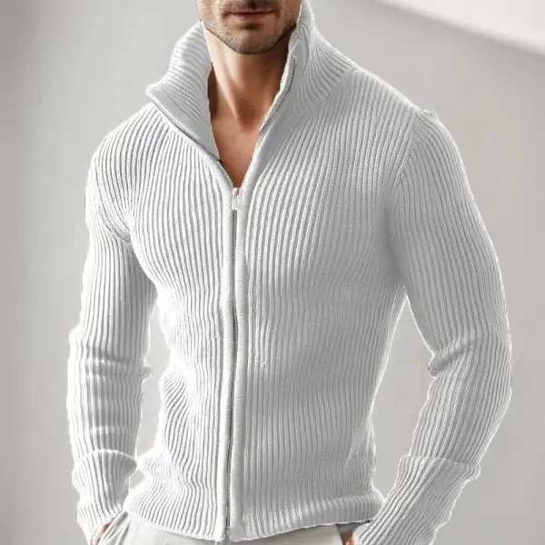 Ribbed Zip-Up Knit Cardigan