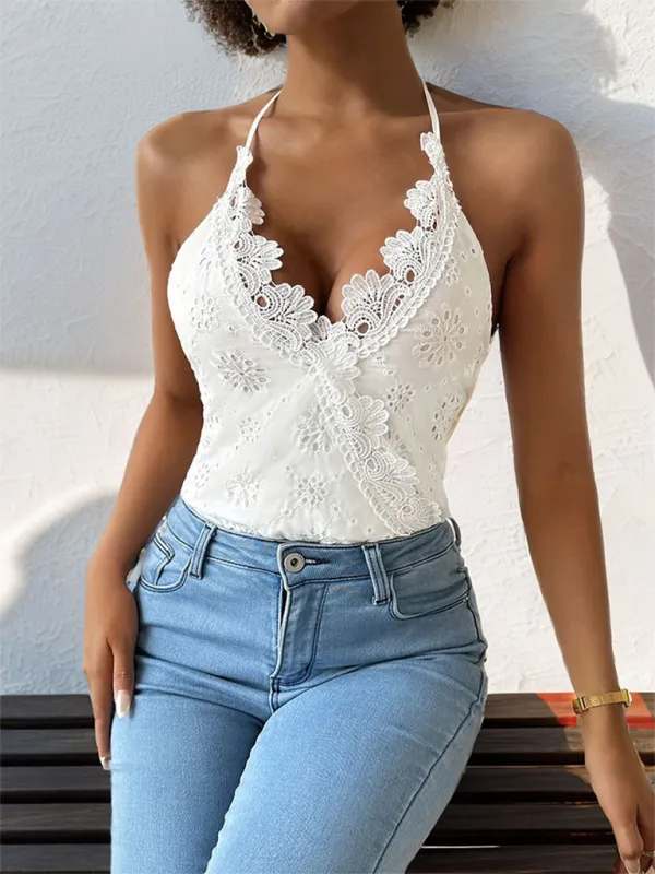 Lace Stitching Sling Slim Halter Bodysuit Jumpsuit
