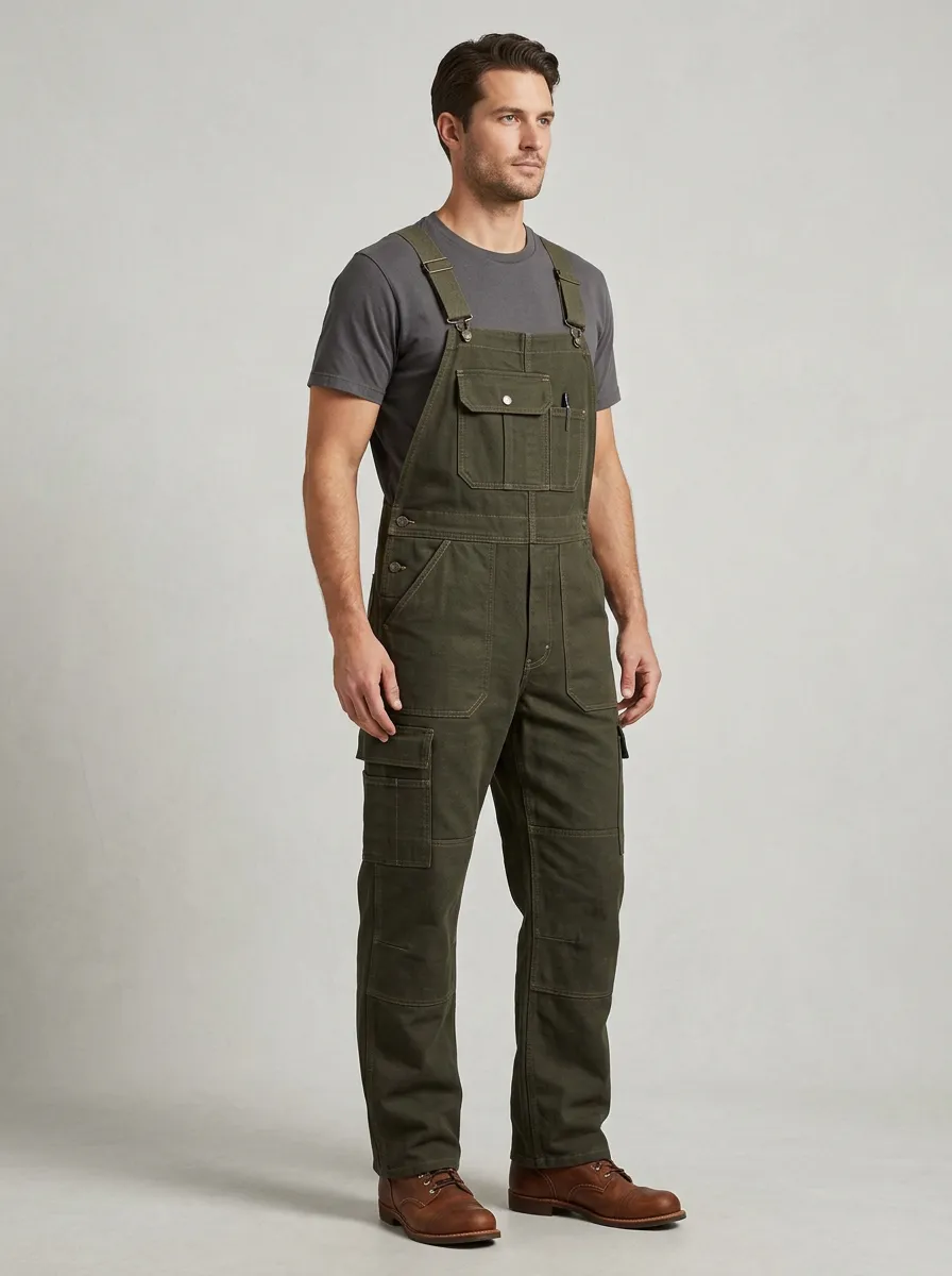 Men's Olive Green Reinforced-Knee Utility Bib Overalls