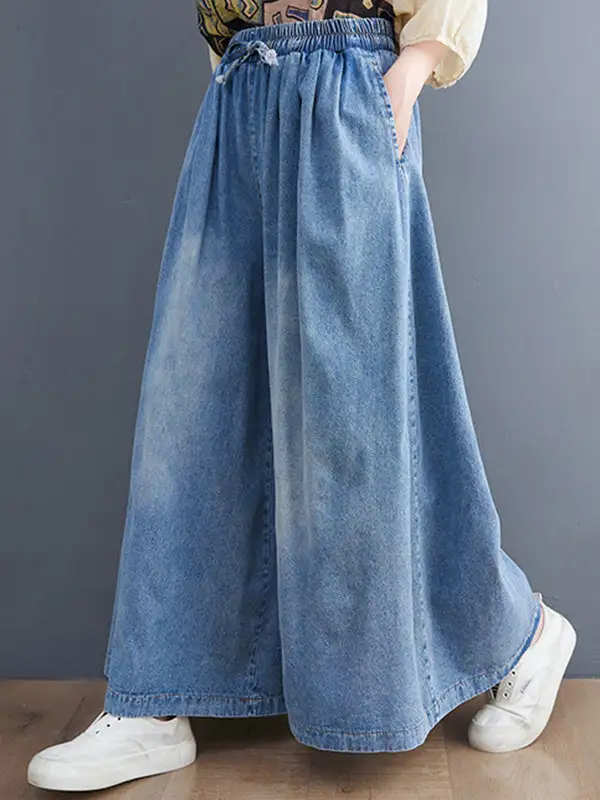 Minimal Relaxed Fit Wide Leg Drawstring Elastic Waist Jeans