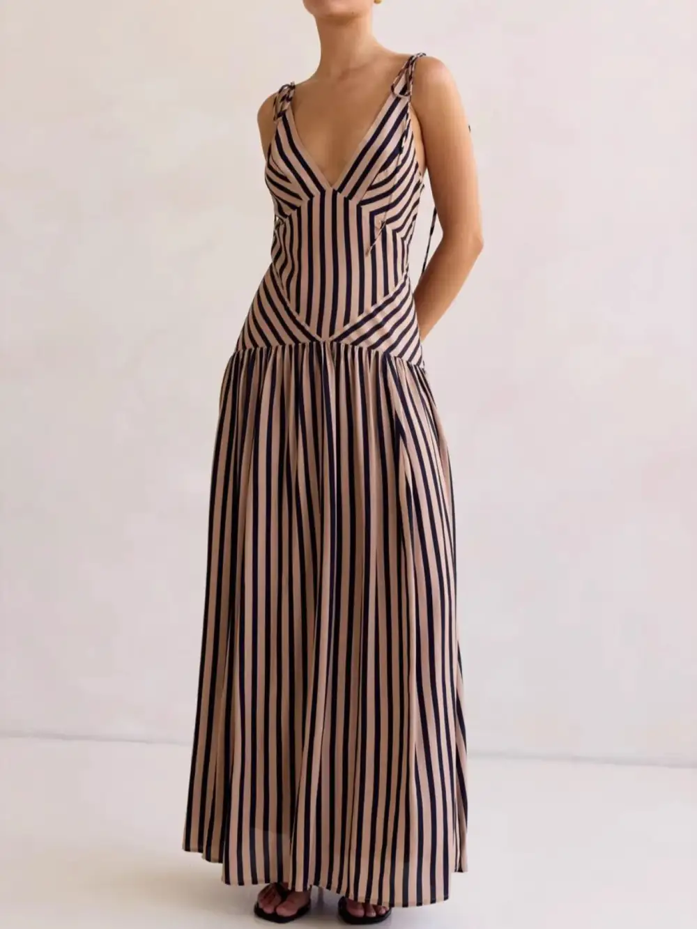 Comfort Fit Striped V Neck Maxi Dress