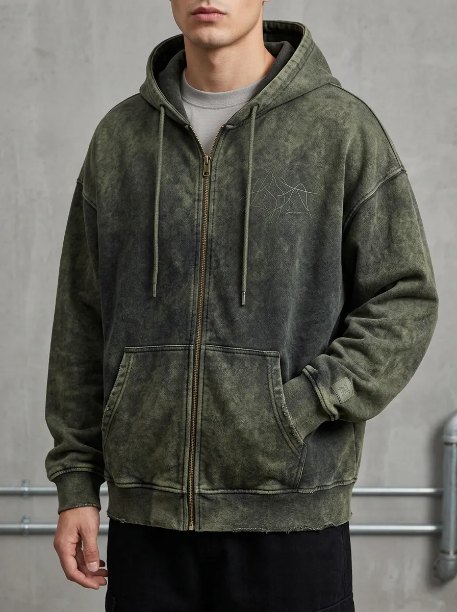 Men's Mountain Line Art Acid Wash Printed Zip Up Hoodie