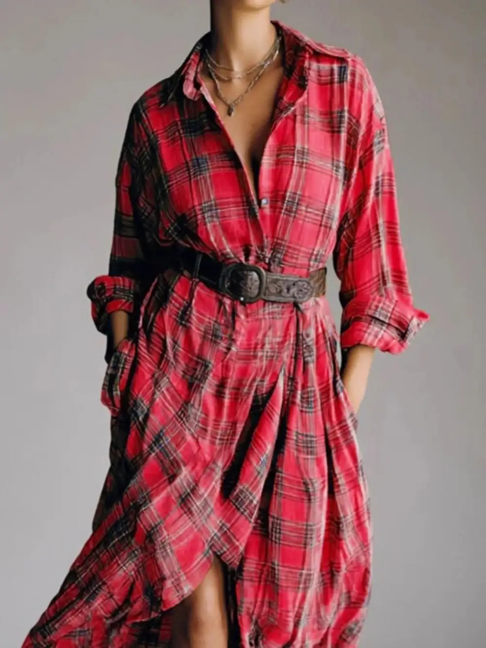 Plaid Long Sleeve Shirt Dress