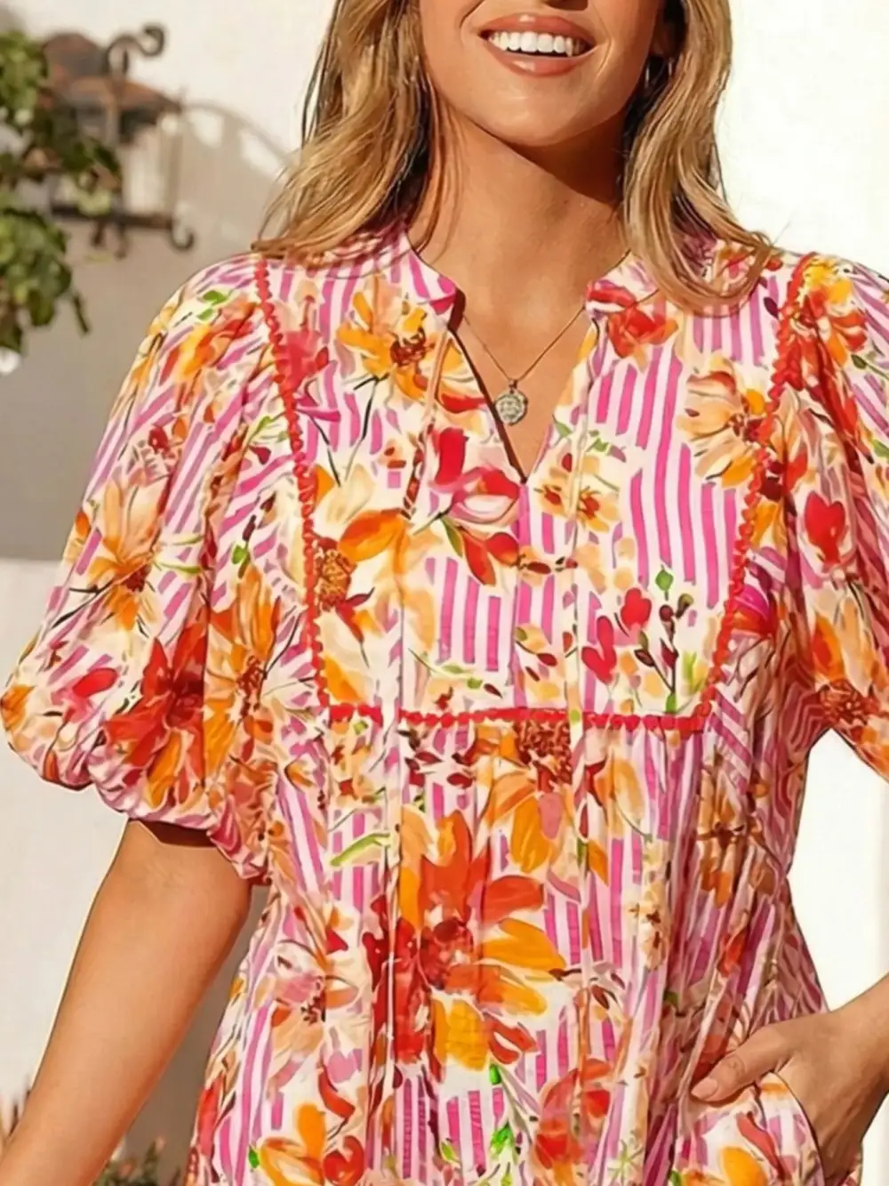 Polished Detail Floral Striped Mini Dress