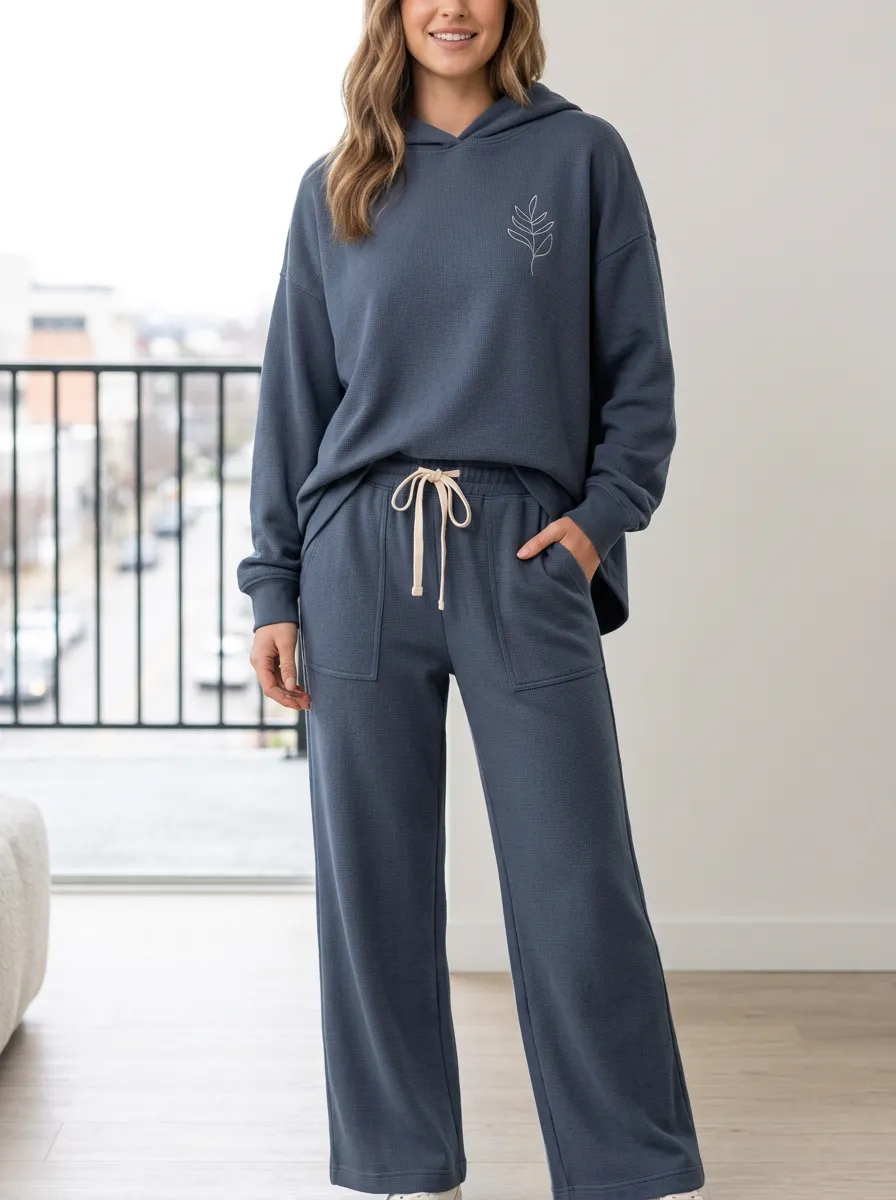 Women's Minimalist Botanical Leaf Printed Waffle Knit Hoodie Lounge Set