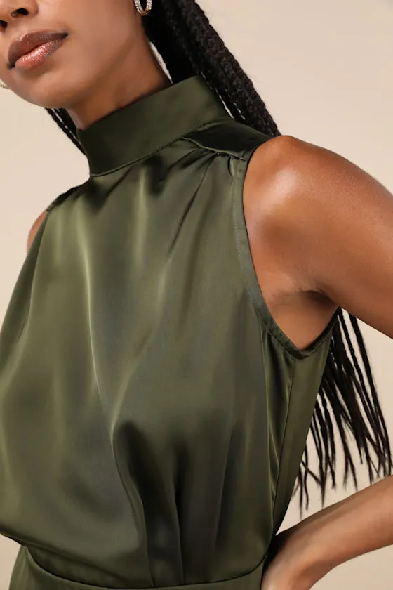 Classic Elegance Blush Satin Sleeveless Mock Neck Mini Dress