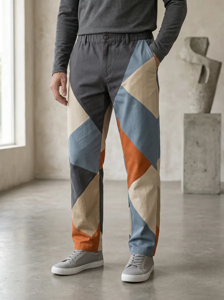 Men's Paneled Belted Geometric Patchwork Trousers