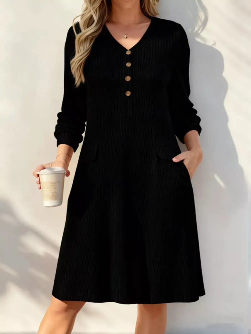Ribbed Knit V-Neck Dress