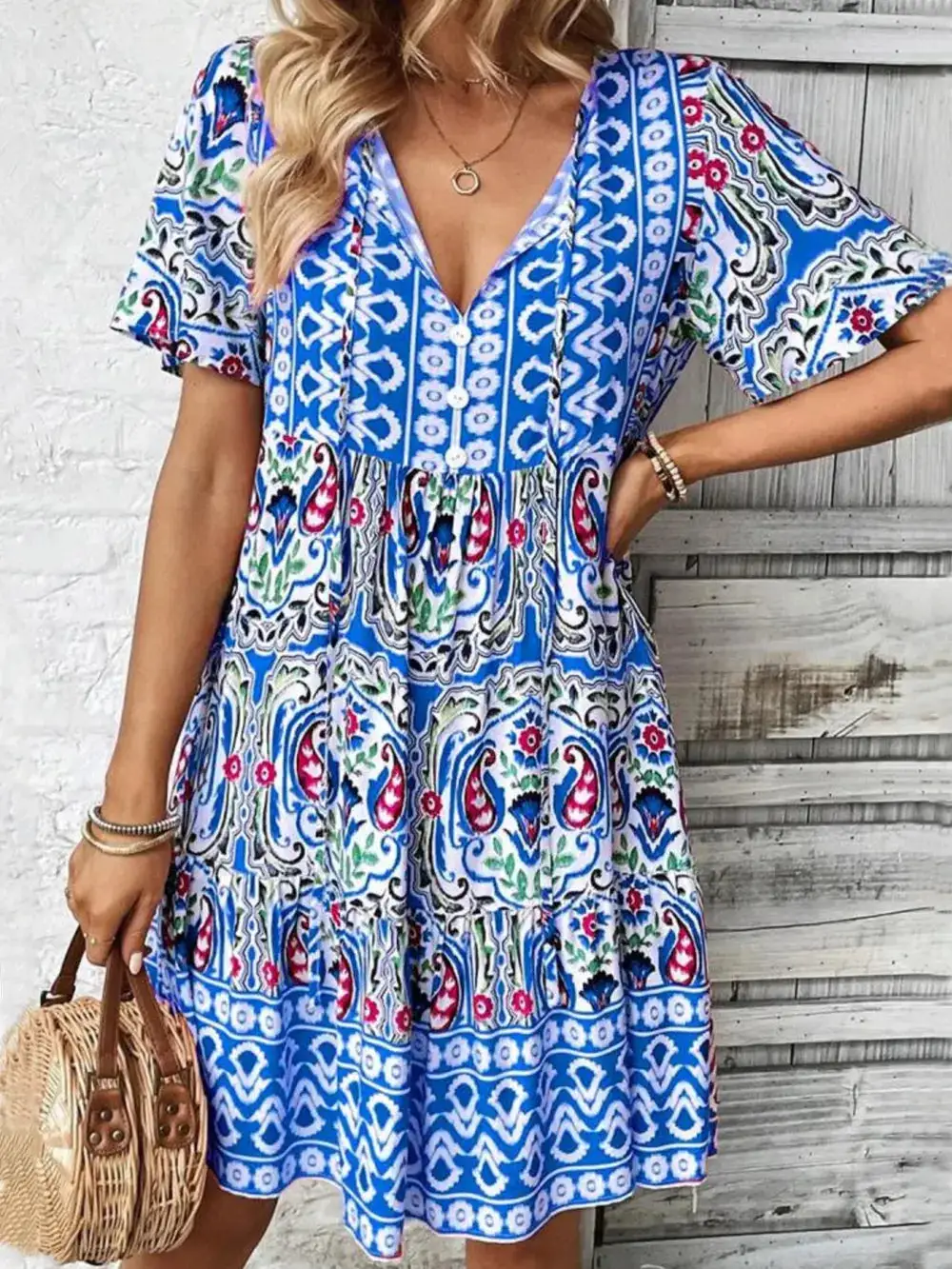 Short Sleeve Printed Midi Dress