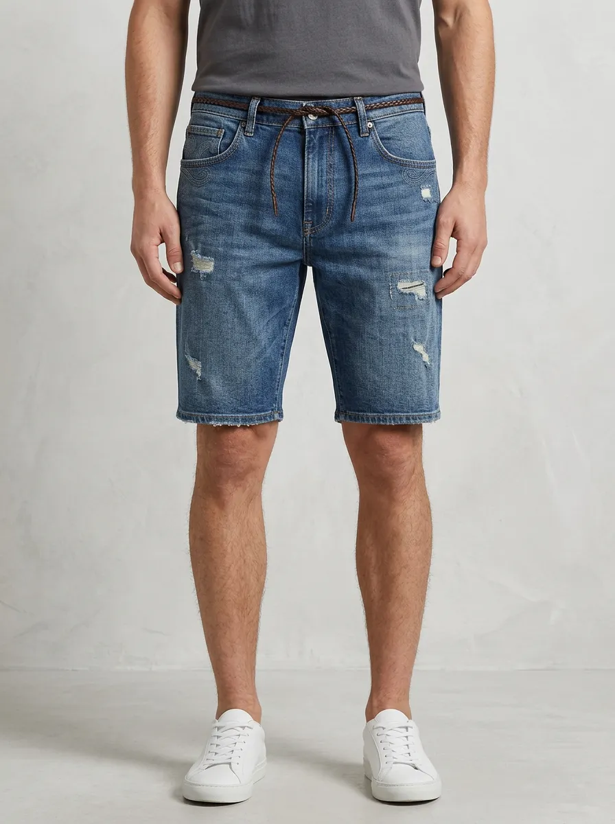 Storage-Ready Distressed Raw Hem Style Men's Distressed Raw Hem Denim Shorts